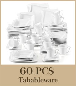 MALACASA Amparo 30/60 Piece White Porcelain Dinnerware Set Cups Saucers Dessert Soup Dinner Plates Service for 6/12 Persone (Color: 60-Piece)