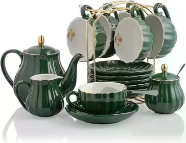 Porcelain Tea Set British Royal Series,with Teapot Sugar Bowl Cream Pitcher Teaspoons and Tea Strainer for Tea/Coffee,Pure White (Color: Dark Green)